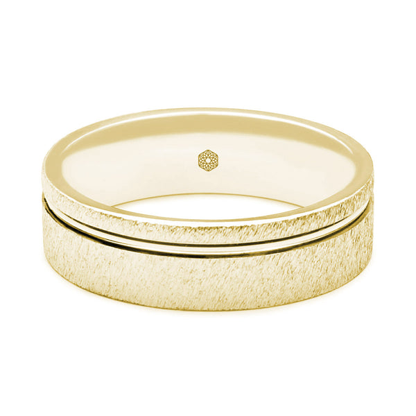 Horizontal Shot of Mens Textured 9ct Yellow Gold Flat Court Shape Wedding Ring With Off-Set Groove