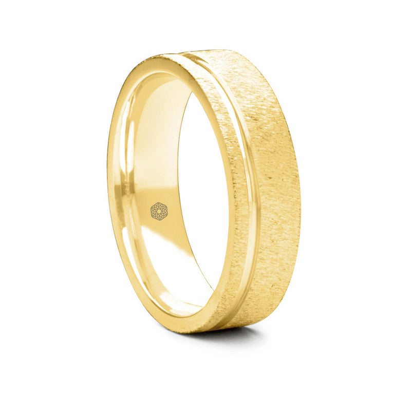 Mens Textured 9ct Yellow Gold Flat Court Shape Wedding Ring With Off-Set Groove