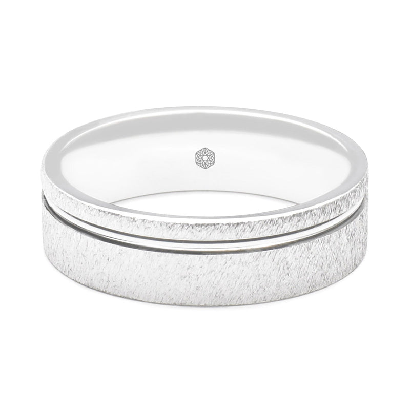 Horizontal Shot of Mens Textured Platinum 950 Flat Court Shape Wedding Ring With Off-Set Groove