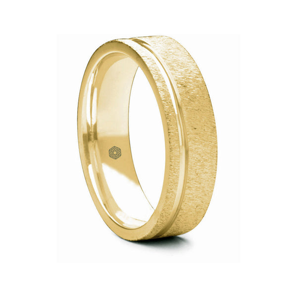 Mens Textured 18ct Yellow Gold Flat Court Shape Wedding Ring With Off-Set Groove