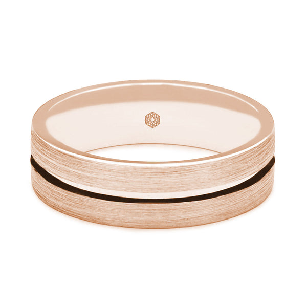 Horizontal Shot of Mens Satin Finish 9ct Rose Gold Flat Court Shape Wedding Ring With Centre Groove