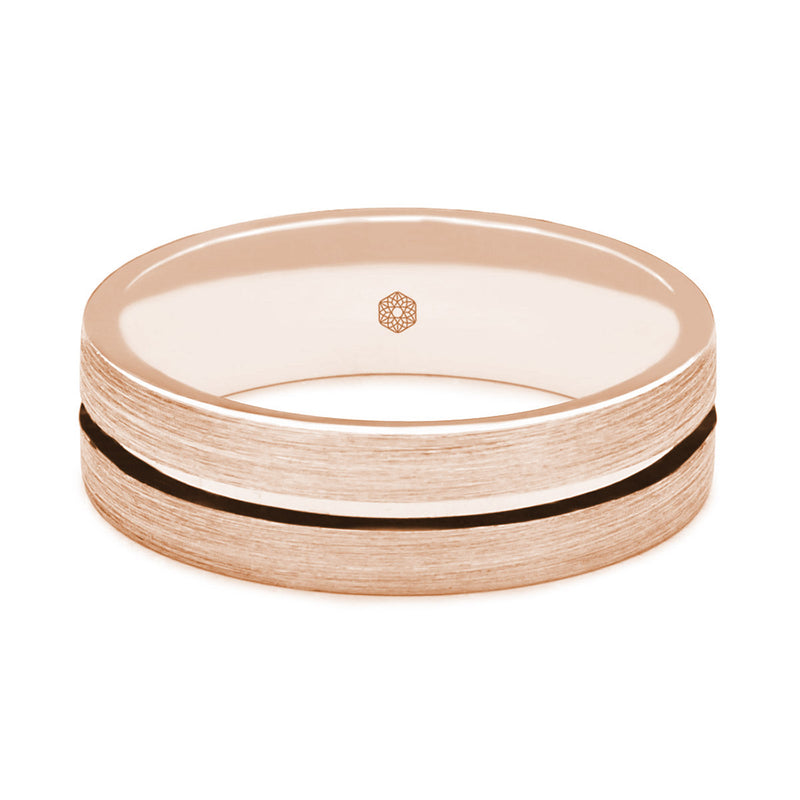 Horizontal Shot of Mens Satin Finish 9ct Rose Gold Flat Court Shape Wedding Ring With Centre Groove