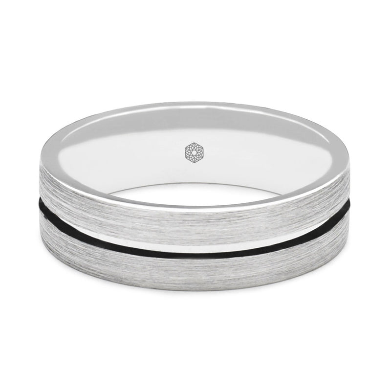 Horizontal Shot of Mens Satin Finish 9ct White Gold Flat Court Shape Wedding Ring With Centre Groove