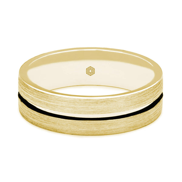 Horizontal Shot of Mens Satin Finish 9ct Yellow Gold Flat Court Shape Wedding Ring With Centre Groove