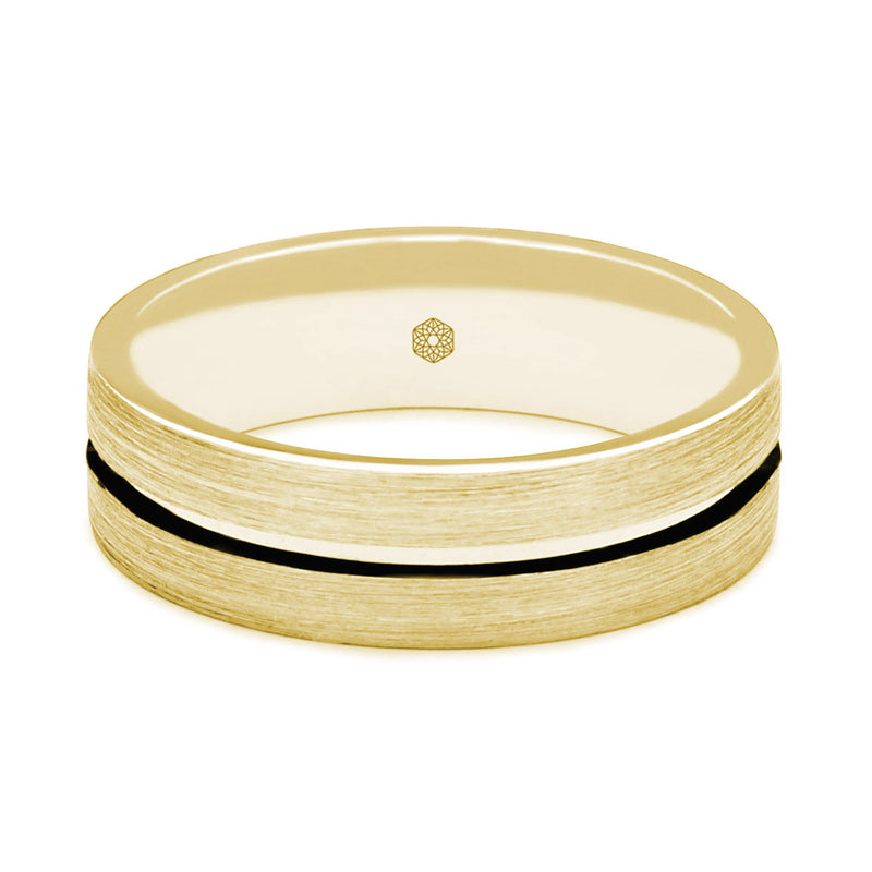 Horizontal Shot of Mens Satin Finish 9ct Yellow Gold Flat Court Shape Wedding Ring With Centre Groove