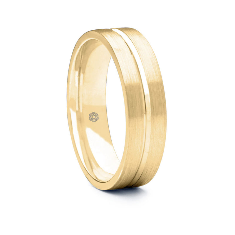 Mens Satin Finish 9ct Yellow Gold Flat Court Shape Wedding Ring With Centre Groove