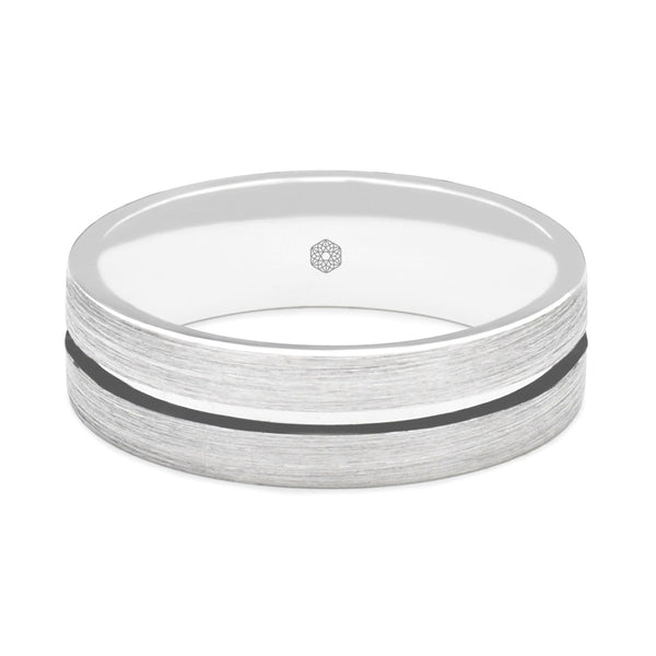 Horizontal Shot of Mens Satin Finish Platinum 950 Flat Court Shape Wedding Ring With Centre Groove