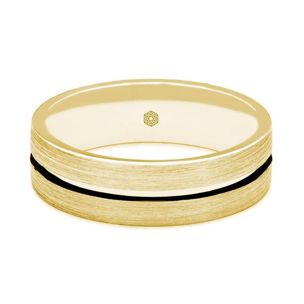 Horizontal Shot of Mens Satin Finish 18ct Rose Gold Flat Court Shape Wedding Ring With Centre Groove