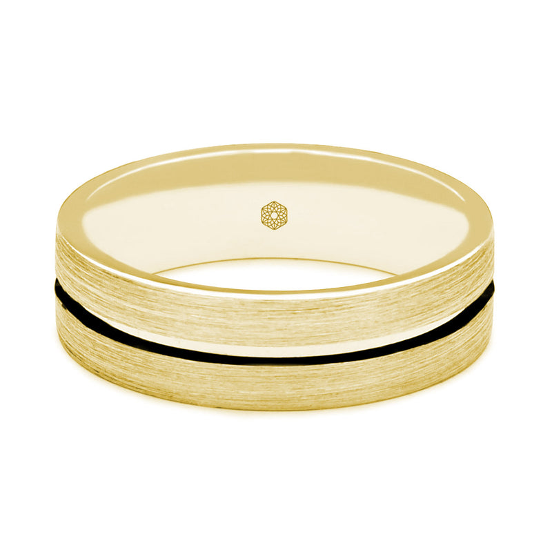 Horizontal Shot of Mens Satin Finish 18ct Rose Gold Flat Court Shape Wedding Ring With Centre Groove