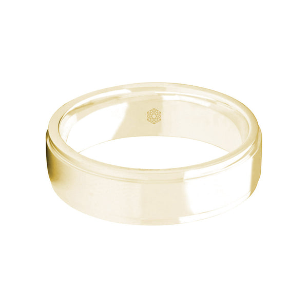 Horizontal Shot of Mens Satin Polish 9ct Yellow Gold Flat Court Shape Wedding Ring With Stepped Polished Edges