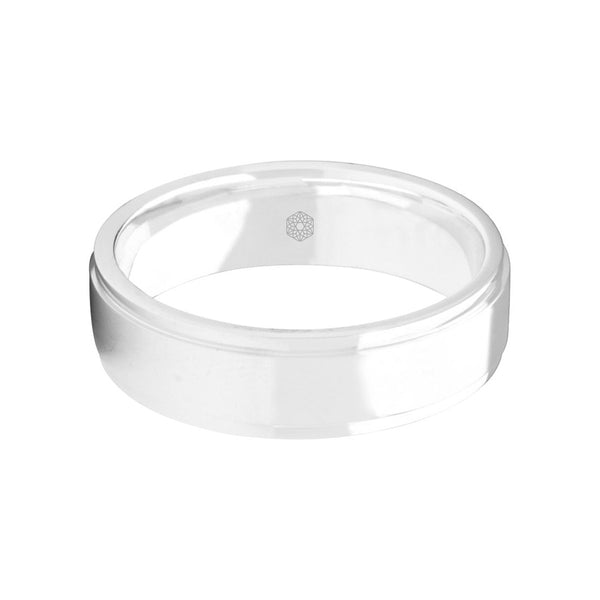 Horizontal Shot of Mens Satin Polish Platinum 950 Flat Court Shape Wedding Ring With Polished Edges 