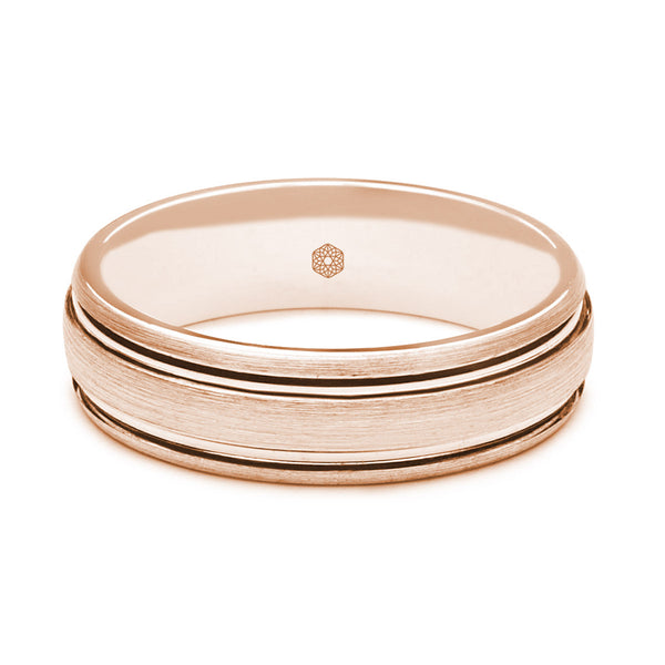 Horizontal Shot of Mens Satin Finish 9ct Rose Gold Court Shape Wedding Ring With Raised Centre and Polished Grooves