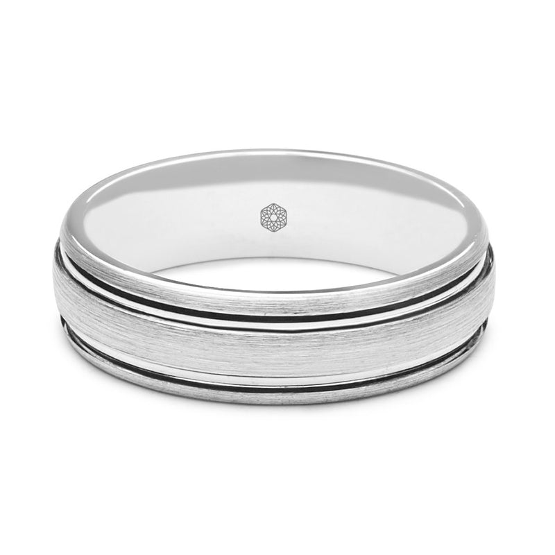 Horizontal Shot of Mens Satin Finish 9ct White Gold Court Shape Wedding Ring With Raised Centre and Polished Grooves