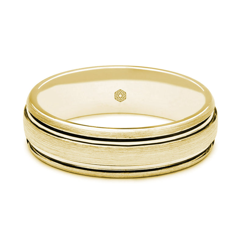 Horizontal Shot of Mens Satin Finish 9ct Yellow Gold Court Shape Wedding Ring With Raised Centre and Polished Grooves