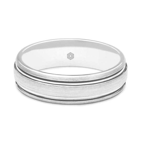 Horizontal Shot of Mens Satin Finish Platinum 950 Court Shape Wedding Ring With Raised Centre and Polished Grooves 