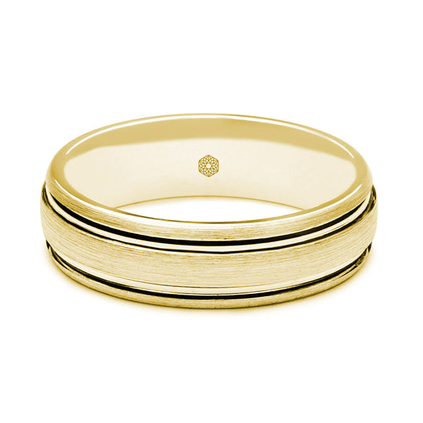 Horizontal Shot of Mens Satin Finish 18ct Rose Gold Court Shape Wedding Ring With Raised Centre and Polished Grooves