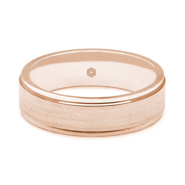 Horizontal Shot of Mens Polished 9ct Rose Gold Flat Court Wedding Ring With Tapered Edges