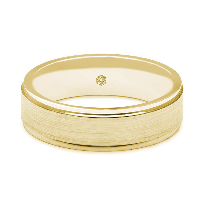Horizontal Shot of Mens Polished 9ct Yellow Gold Flat Court Wedding Ring With Stepped Edges