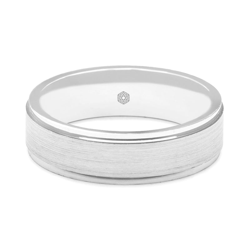 Horizontal Shot of Mens Polished Platinum 950 Flat Court Wedding Ring With Tapered Edges