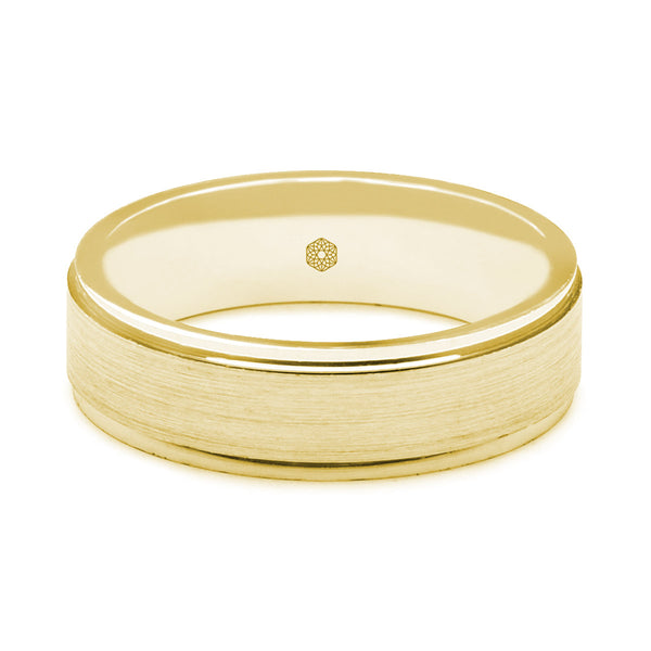 Horizontal Shot of Mens Polished 18ct Rose Gold Flat Court Wedding Ring With Tapered Edges
