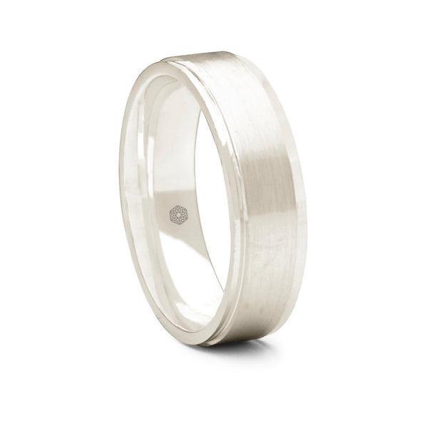 Mens Polished 18ct White Gold Flat Court Wedding Ring With Tapered Edges