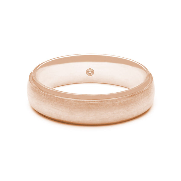 Horizontal Shot of Mens Matte Finish 9ct Rose Gold Flat Court Shape Wedding Ring With Polished Tapered Edges