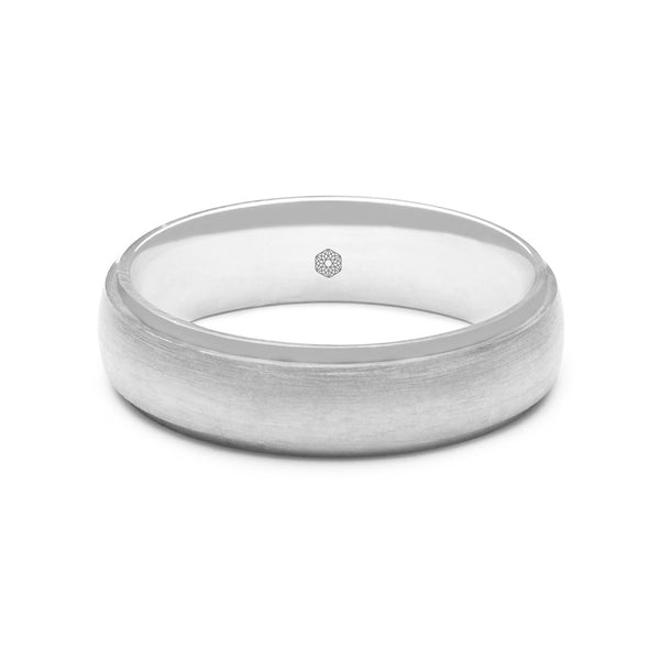 Horizontal Shot of Mens Matte Finish 9ct White Gold Flat Court Shape Wedding Ring With Polished Tapered Edges