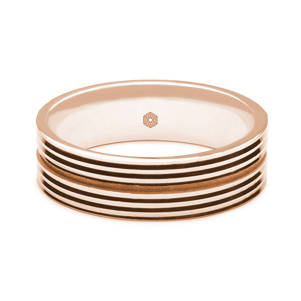 Horizontal Shot of Mens Polished 9ct Rose Gold Flat Court Shape Wedding Ring With Deep Central Groove