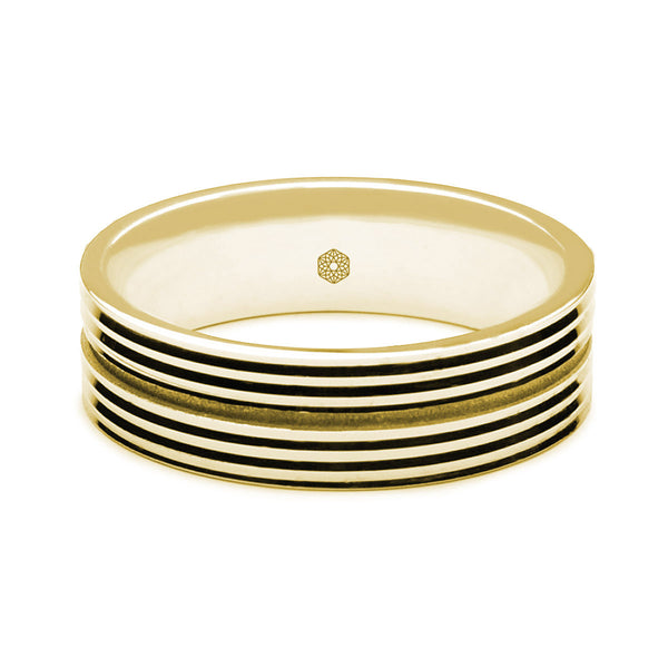 Horizontal Shot of Mens Polished 9ct Yellow Gold Flat Court Engineered Wedding Ring With Deep Central Groove