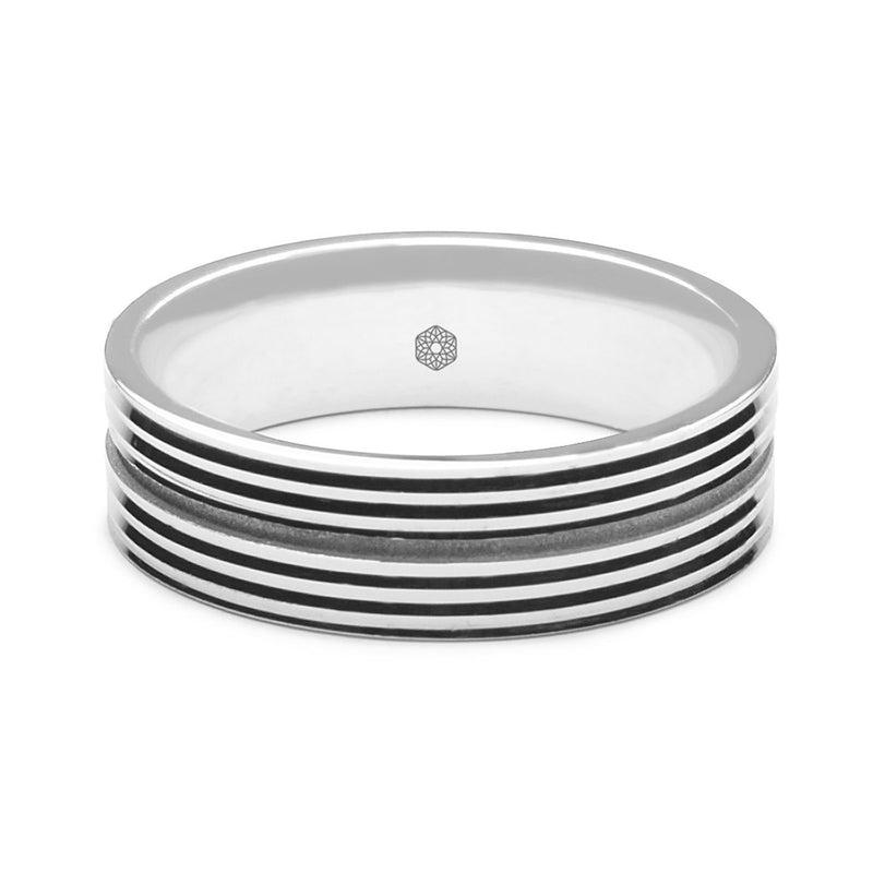 Horizontal Shot of Mens Polished Palladium 500 Flat Court Shape Wedding Ring With Deep Central Groove