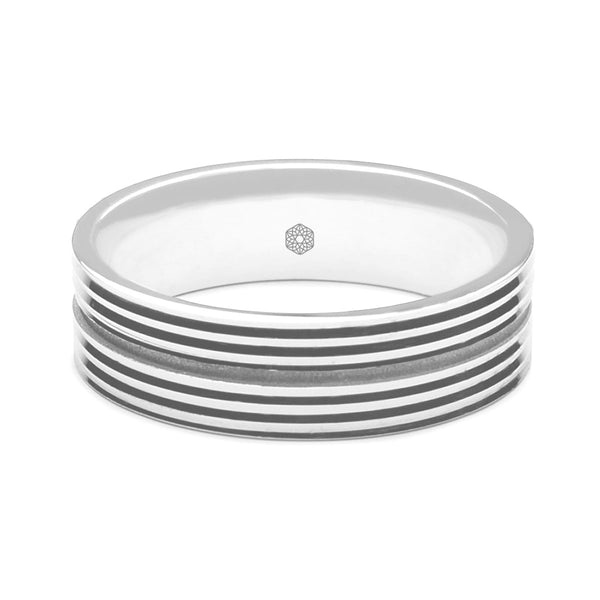 Horizontal Shot of Mens Polished Platinum 950 Flat Court Shape Wedding Ring With Deep Central Groove
