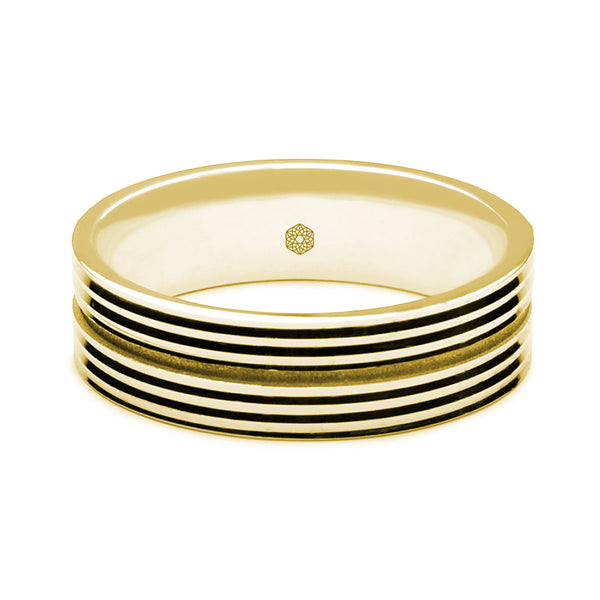 Horizontal Shot of Mens Polished 18ct Rose Gold Flat Court Shape Wedding Ring With Deep Central Groove