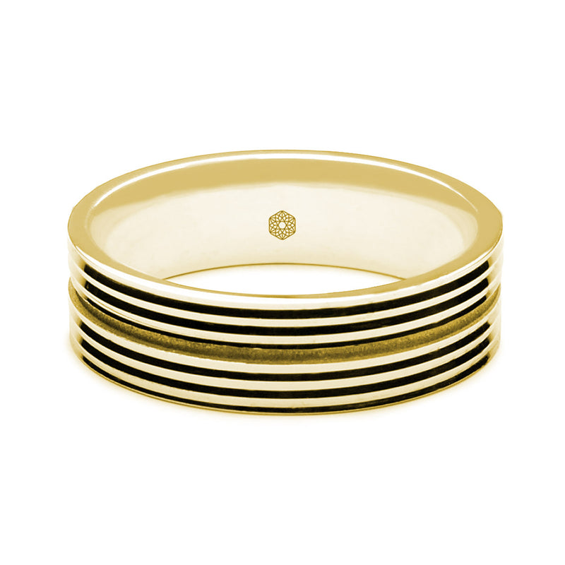 Horizontal Shot of Mens Polished 18ct Rose Gold Flat Court Shape Wedding Ring With Deep Central Groove