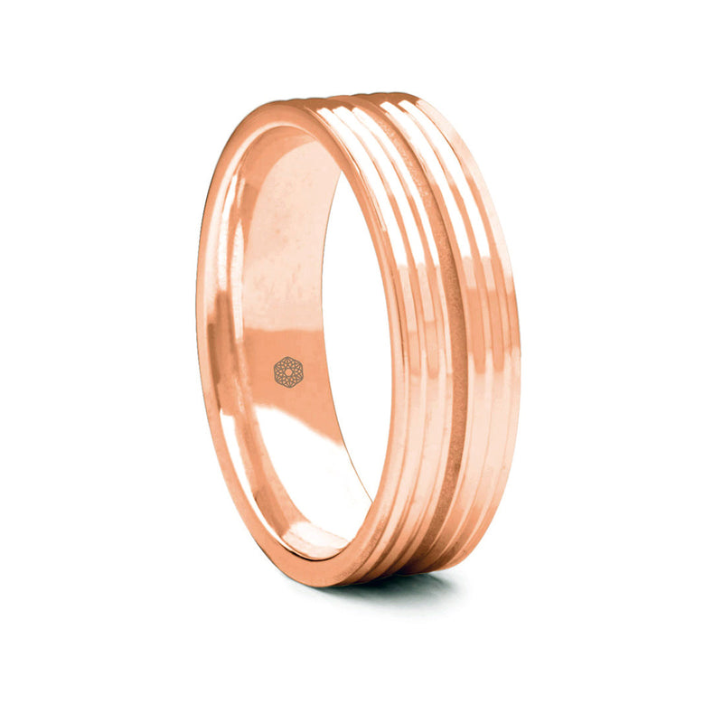 Mens Polished 18ct Rose Gold Flat Court Shape Wedding Ring With Deep Central Groove