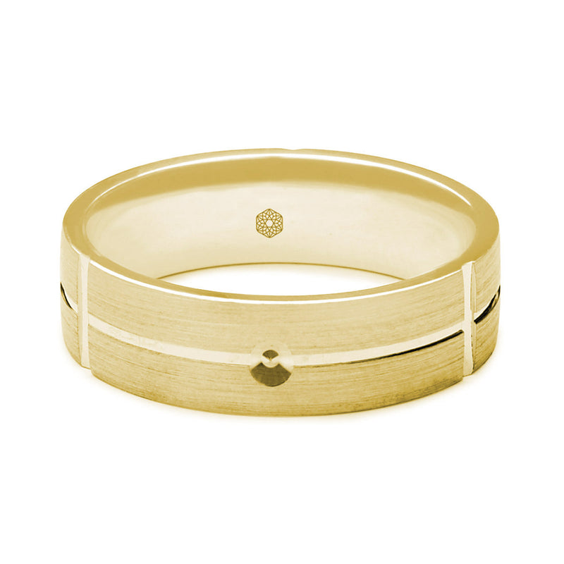 Horizontal Shot of Mens 9ct Yellow Flat Court Shape Wedding Ring With Central and Vertical Grooves