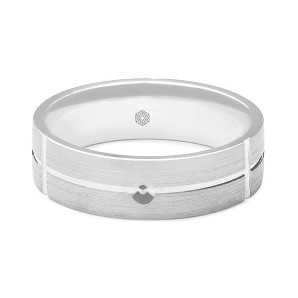Horizontal Shot of Mens Platinum 950 Flat Court Shape Wedding Ring With Central and Vertical Grooves