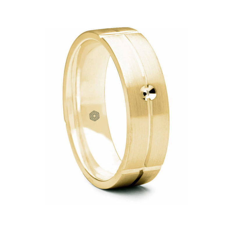 Mens 18ct Yellow Gold Flat Court Shape Wedding Ring With Central and Vertical Grooves