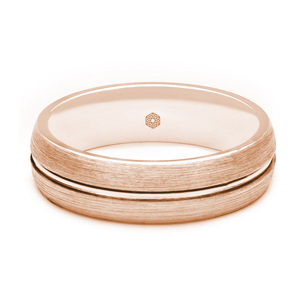 Horizontal Shot of Mens Satin Finish 9ct Rose Gold Flat Court Shape Wedding Ring With Central Polished Groove