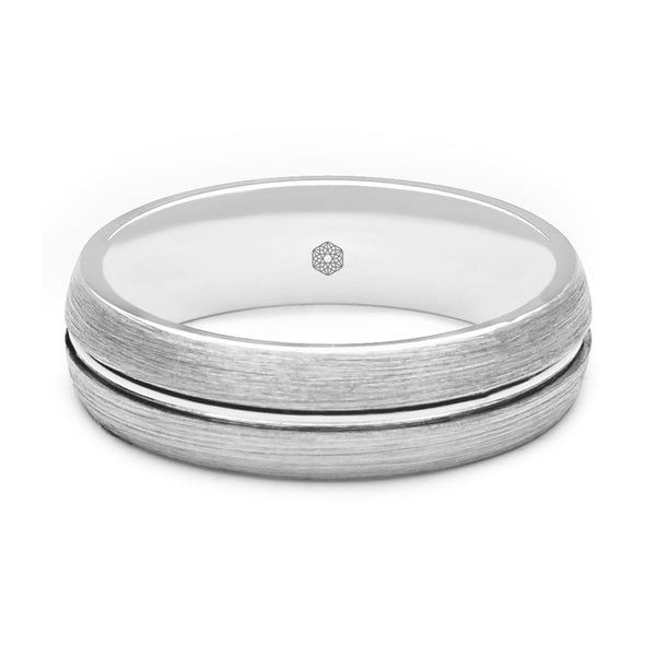 Horizontal Shot of Mens Satin Finish 9ct White Gold Flat Court Shape Wedding Ring With Central Polished Groove