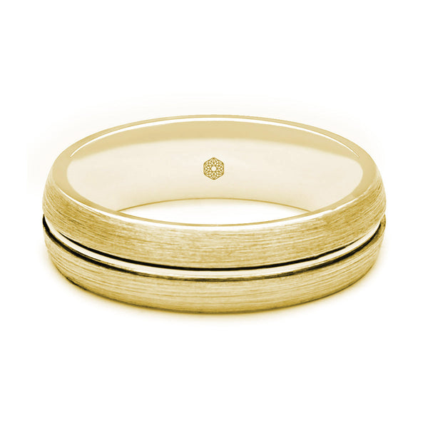Horizontal Shot of Mens Satin Finish 9ct Yellow Gold Flat Court Shape Wedding Ring With Central Polished Groove