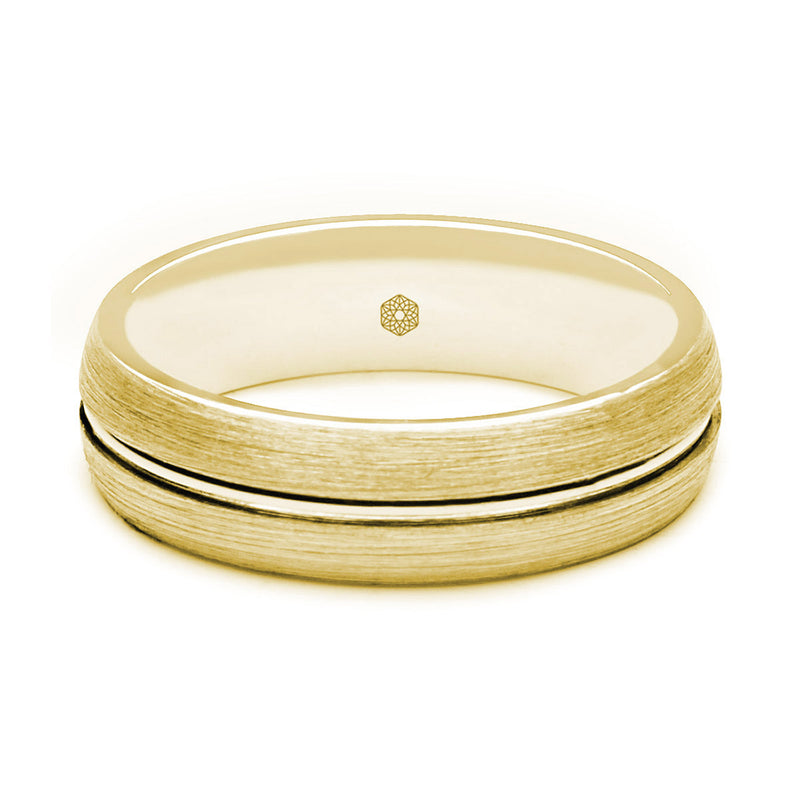Horizontal Shot of Mens Satin Finish 9ct Yellow Gold Flat Court Shape Wedding Ring With Central Polished Groove