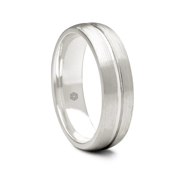 Mens Satin Finish Palladium 500 Flat Court Shape Wedding Ring With Central Polished Groove