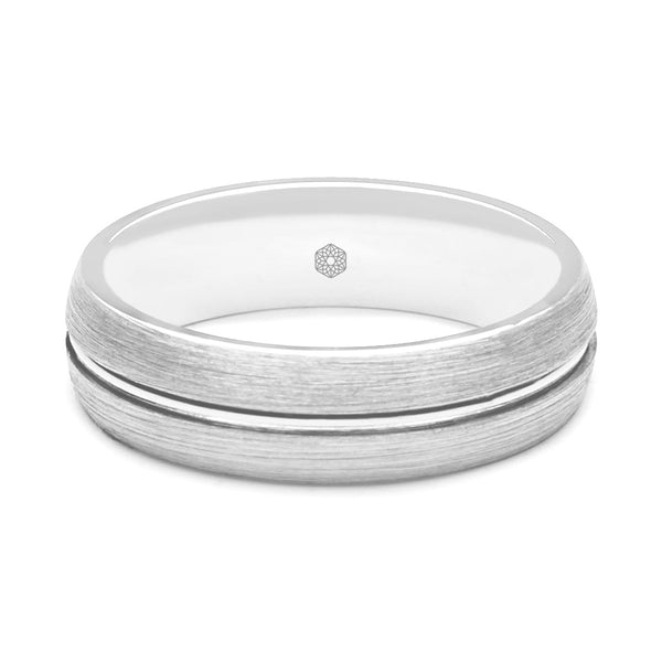 Horizontal Shot of Mens Satin Finish Platinum 950 Flat Court Shape Wedding Ring With Central Polished Groove