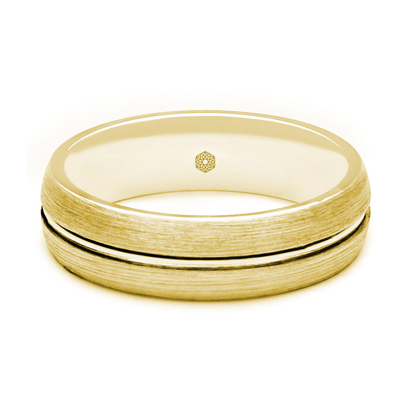 Horizontal Shot of Mens Satin Finish 18ct Rose Gold Flat Court Shape Wedding Ring With Central Polished Groove