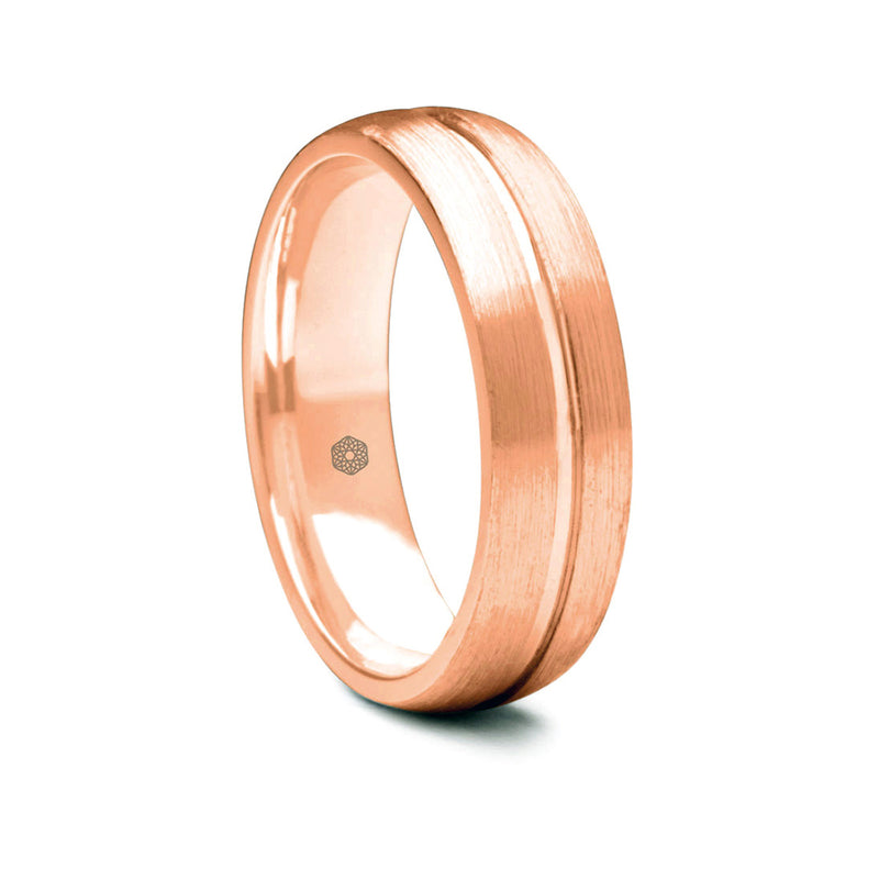 Mens Satin Finish 18ct Rose Gold Flat Court Shape Wedding Ring With Central Polished Groove