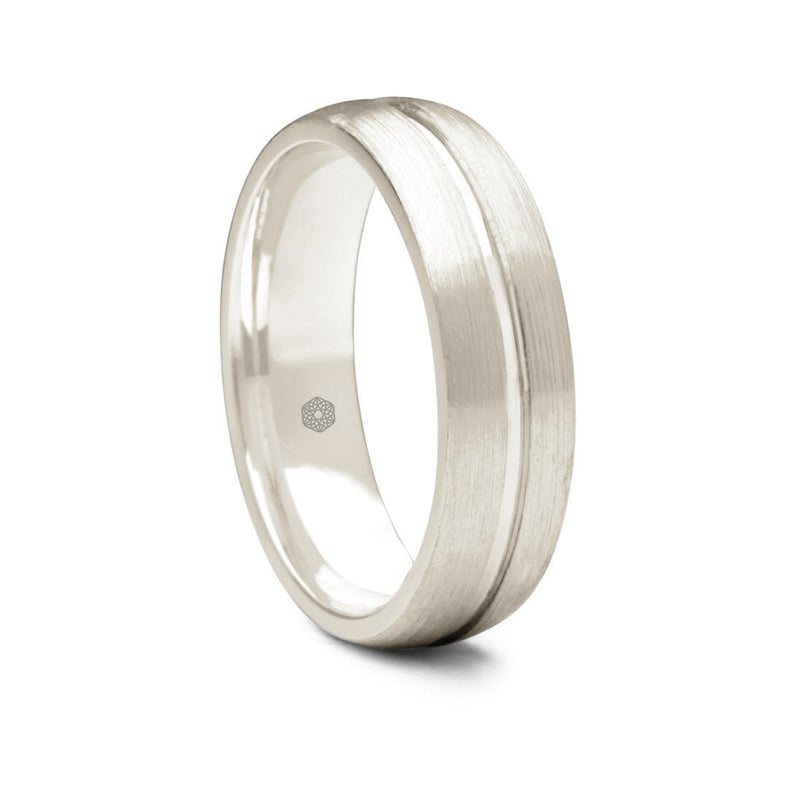 Mens Satin Finish 18ct White Gold Flat Court Shape Wedding Ring With Central Polished Groove