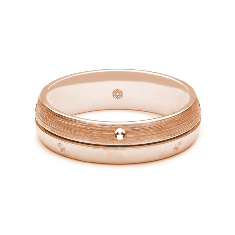 Horizontal Shot of Mens 9ct Rose Gold Court Shape Wedding Ring With Polished and Matte Sections