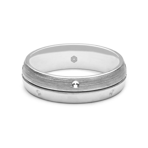 Horizontal Shot of Mens 9ct White Gold Court Shape Wedding Ring With Polished and Matte Sections
