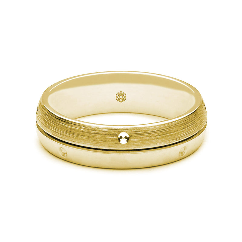 Horizontal Shot of Mens 9ct Yellow Gold Court Shape Wedding Ring With Polished and Matte Sections