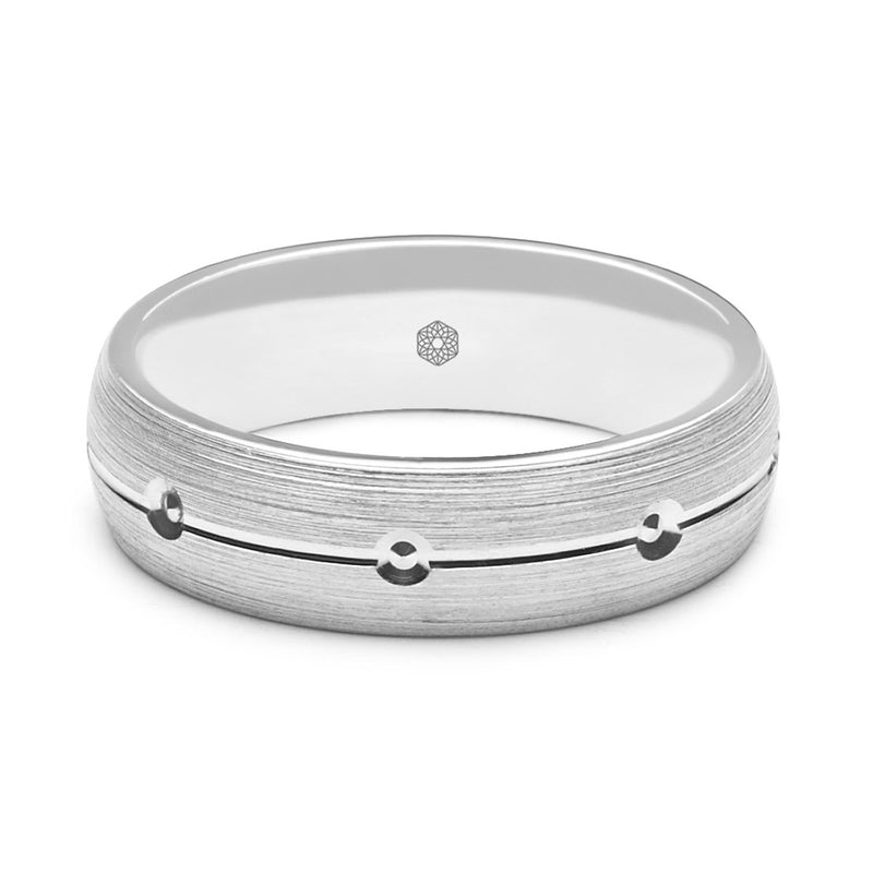 Horizontal Shot of Mens Matte Finish 9ct White Gold Court Shape Wedding Ring With Central Groove and Diamond Cut Details